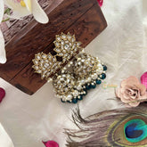 Vriksham Gold Lotus Motif Kundan With Aqua Blue Beads and Pearls Jhumka-G20136